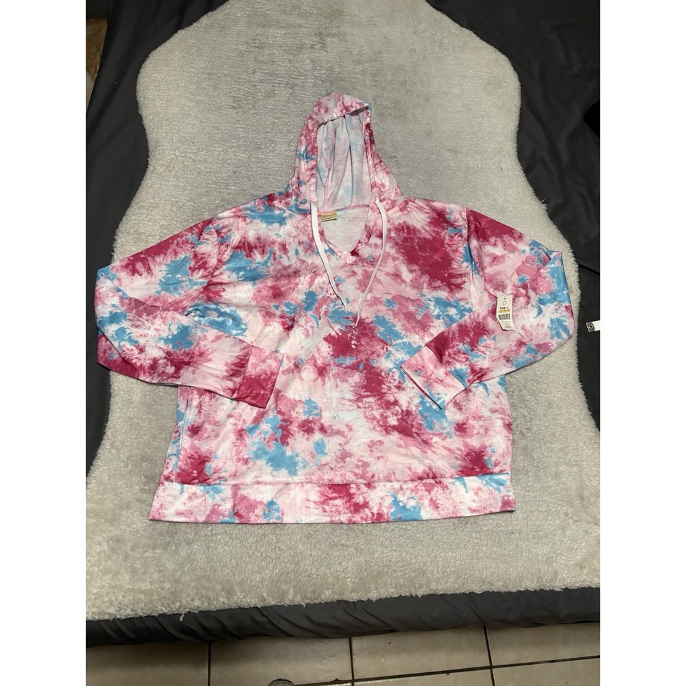 Bobbie Brooks Women Tie Dye Hoodie Sweatshirt L NWT Pink Blue V-Neck LS